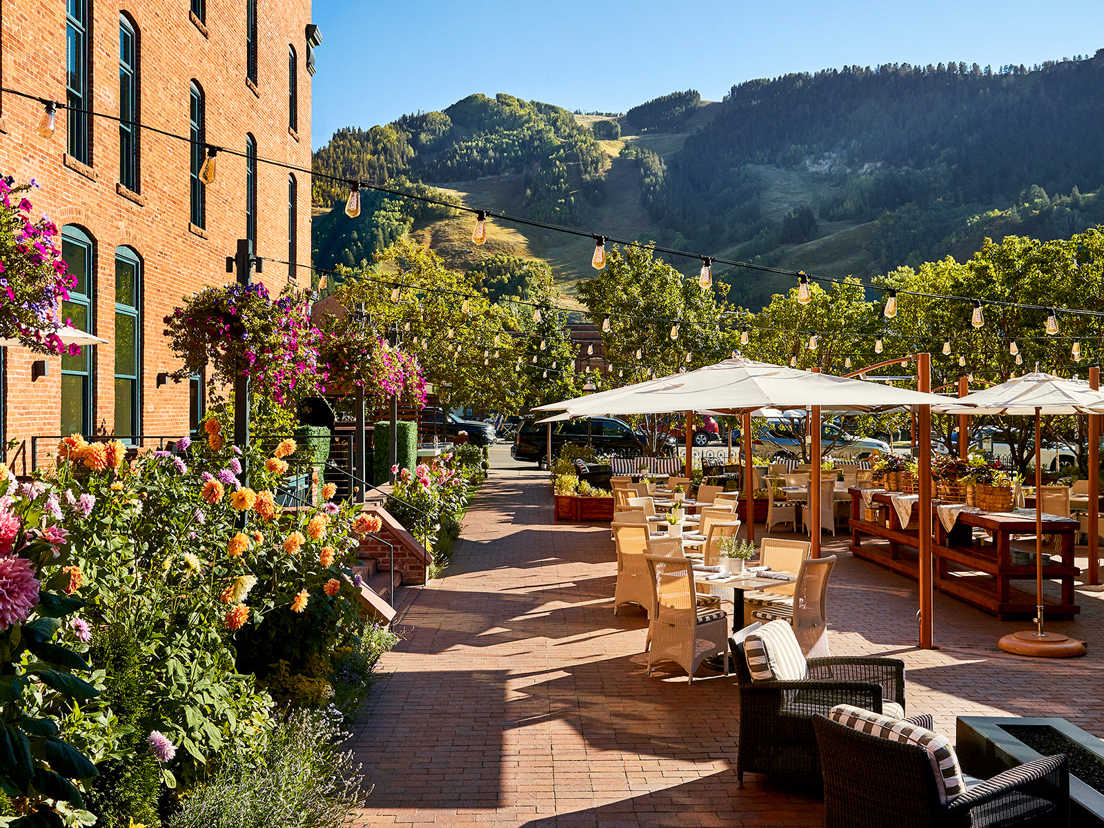 Outdoor patios with mountains in the background