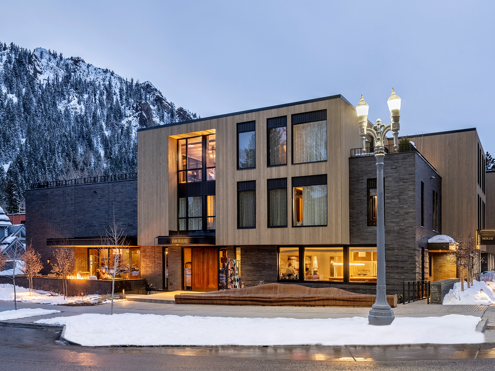 The exterior of Mollie Aspen in winter
