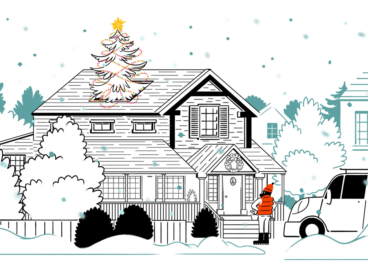 Illustration of a Christmas tree blowing through the roof of a home