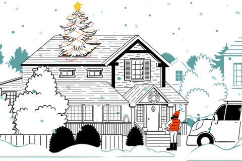 Illustration of a Christmas tree blowing through the roof of a home