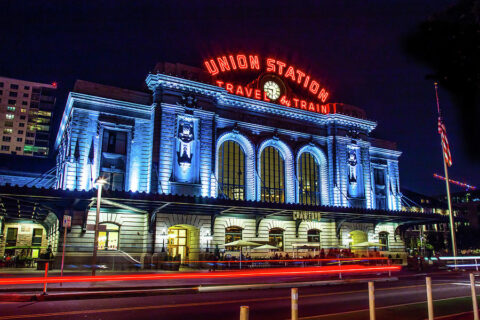 A night time picture of Union Station in downtown Denver, CO.