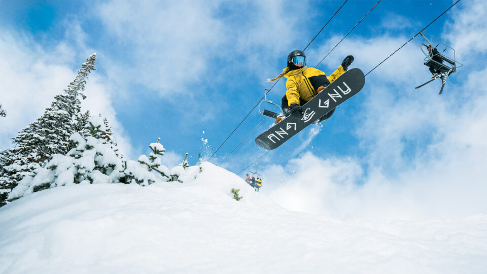 A snowboarder catches air at Copper Mountain in Colorado