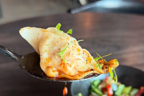 A wonton dumpling coated in red chile oil and minced scallion on a spoon