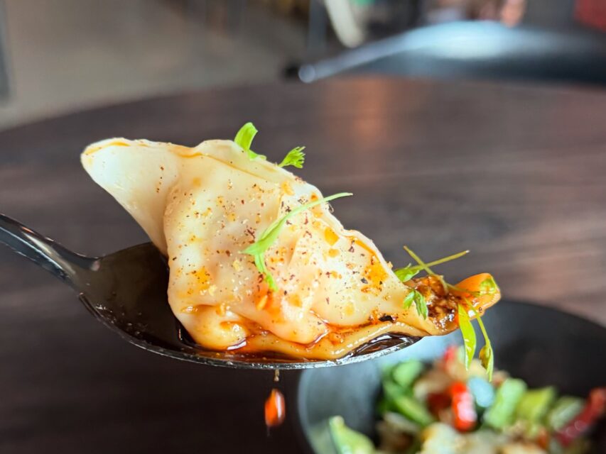 A wonton dumpling coated in red chile oil and minced scallion on a spoon