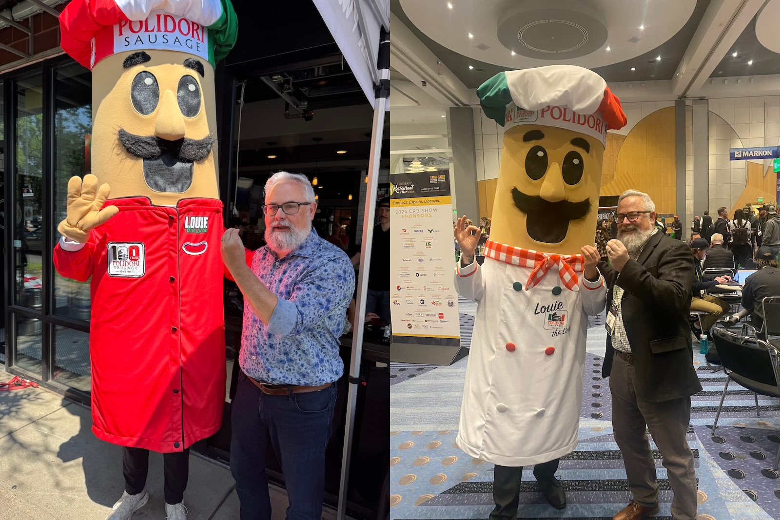 Two photos of a Polidori sausage mascot in chef’s coat and hat with the same man taken in two different locations