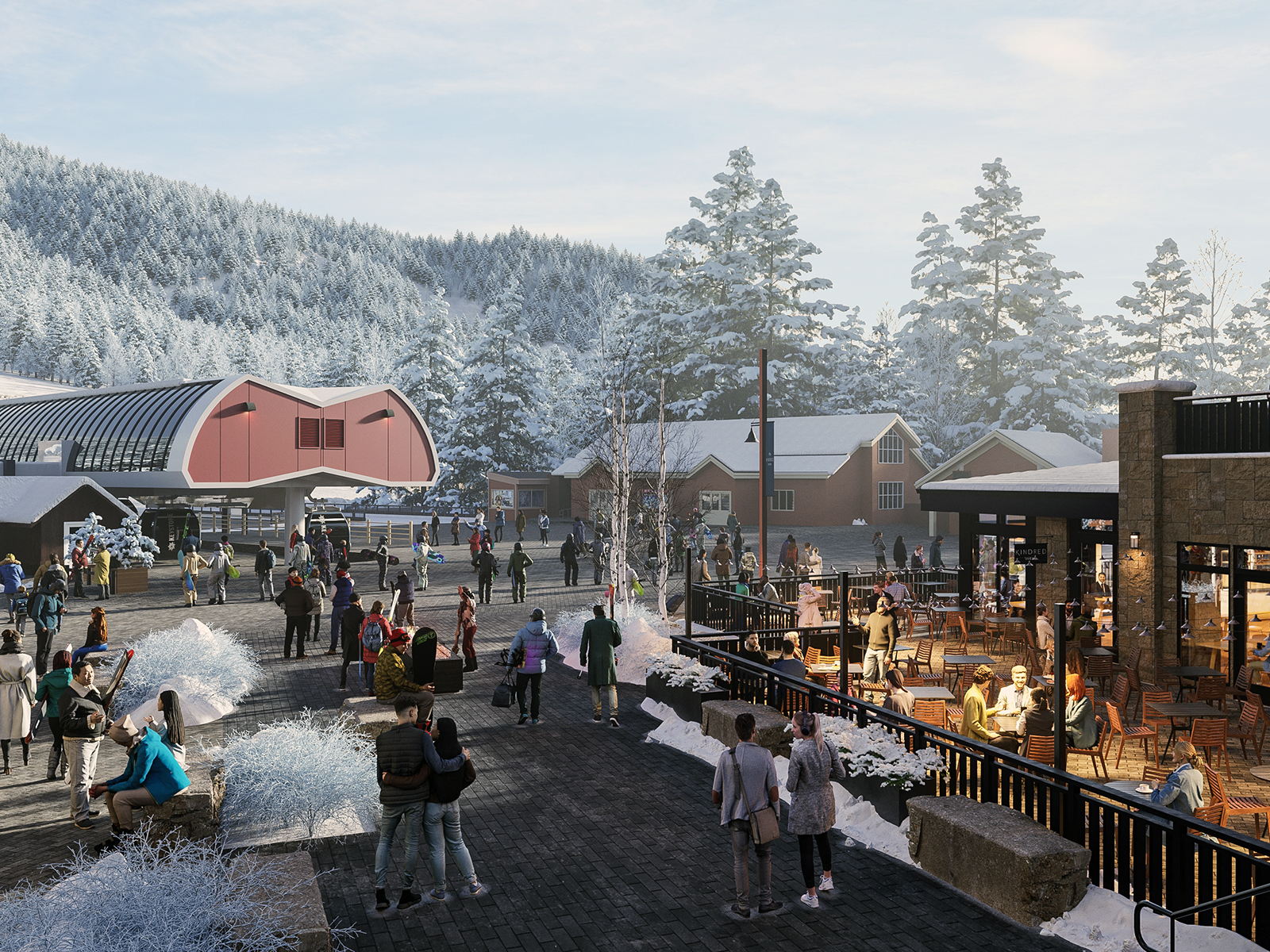 A rendering of Goodz Tavern at Kindred Resort beside the River Run Gondola
