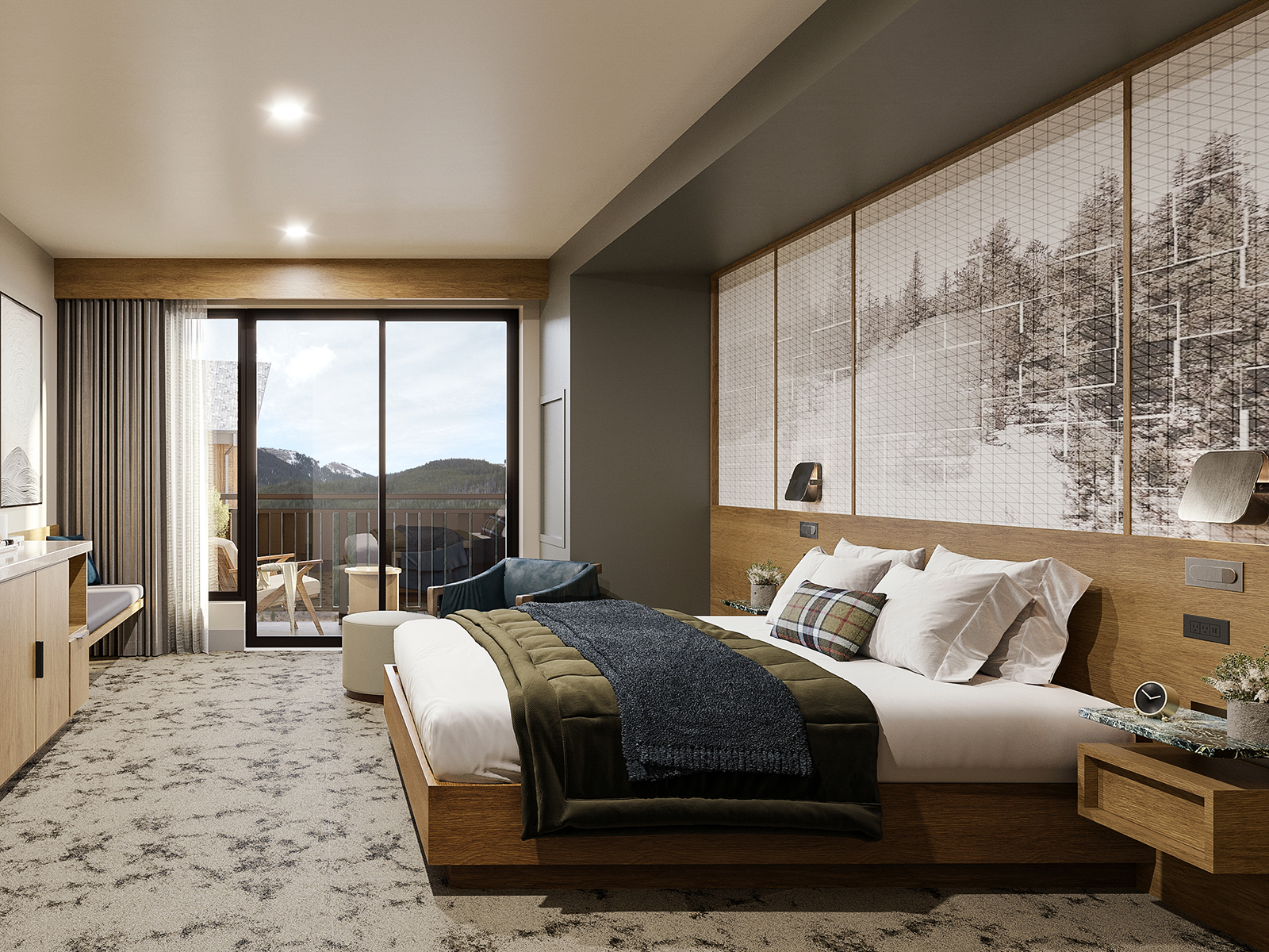 Rendering of a king hotel room at Kindred Resort in Keystone