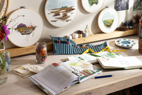 Various art supplies and embroidery supples on a work table