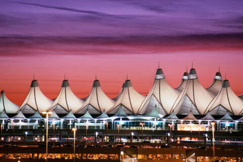 Denver International Airport at dusk