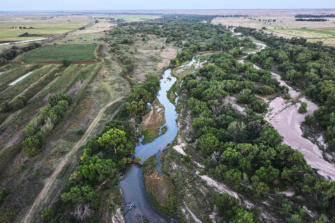 An aerial view of the South Platte River near Ovid, Colorado