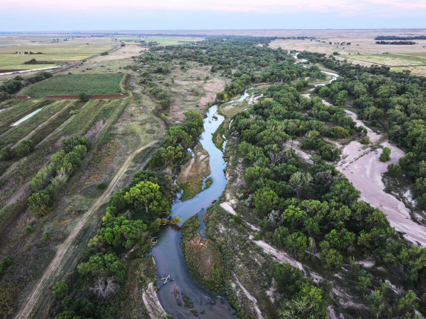 An aerial view of the South Platte River near Ovid, Colorado