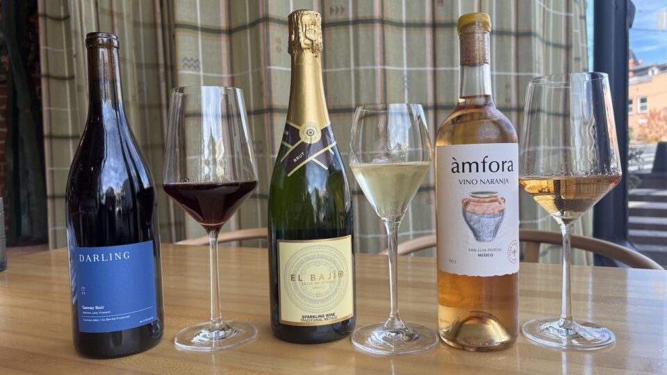 three bottles of wine in a row, each with a glass of wine next to it.