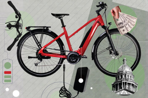 A red e-bike in the middle of a photo illustration including dollars, the Capitol, and a charger