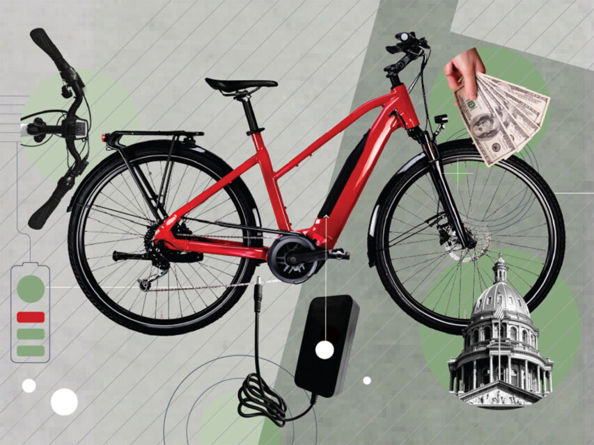 A red e-bike in the middle of a photo illustration including dollars, the Capitol, and a charger