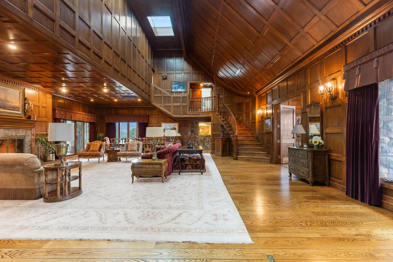Living room with soaring wood ceilings