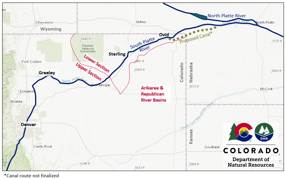 A map of the South Platte River waterway and the proposed Perkins County Canal