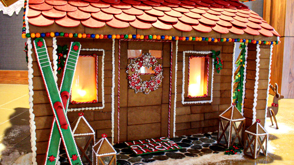 A life-size gingerbread cabin at the Gaylord Rockies Resort & Convention Center