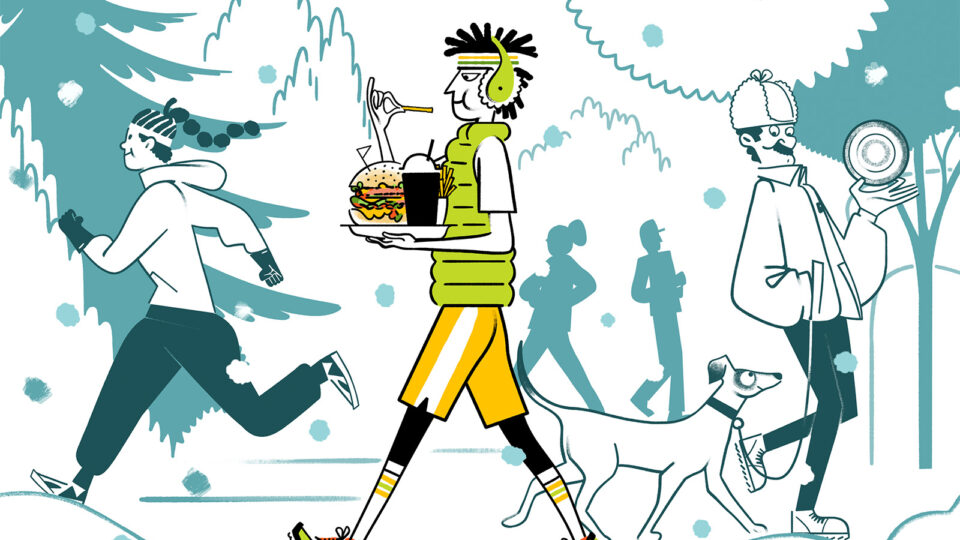 A person walking with a cheeseburger and soda