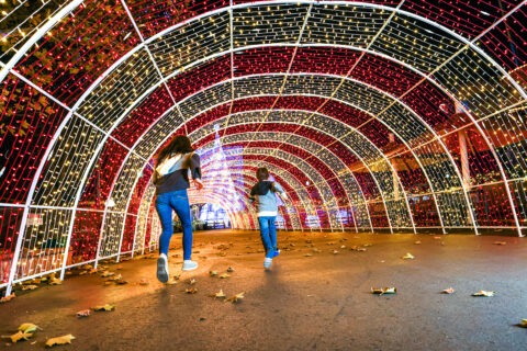 Two kids run through a tunnel of lights