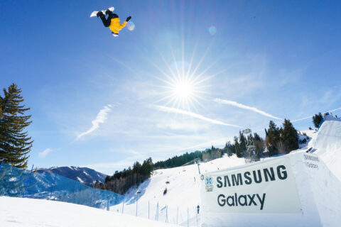 Mark McMorris performs snowboard stunt
