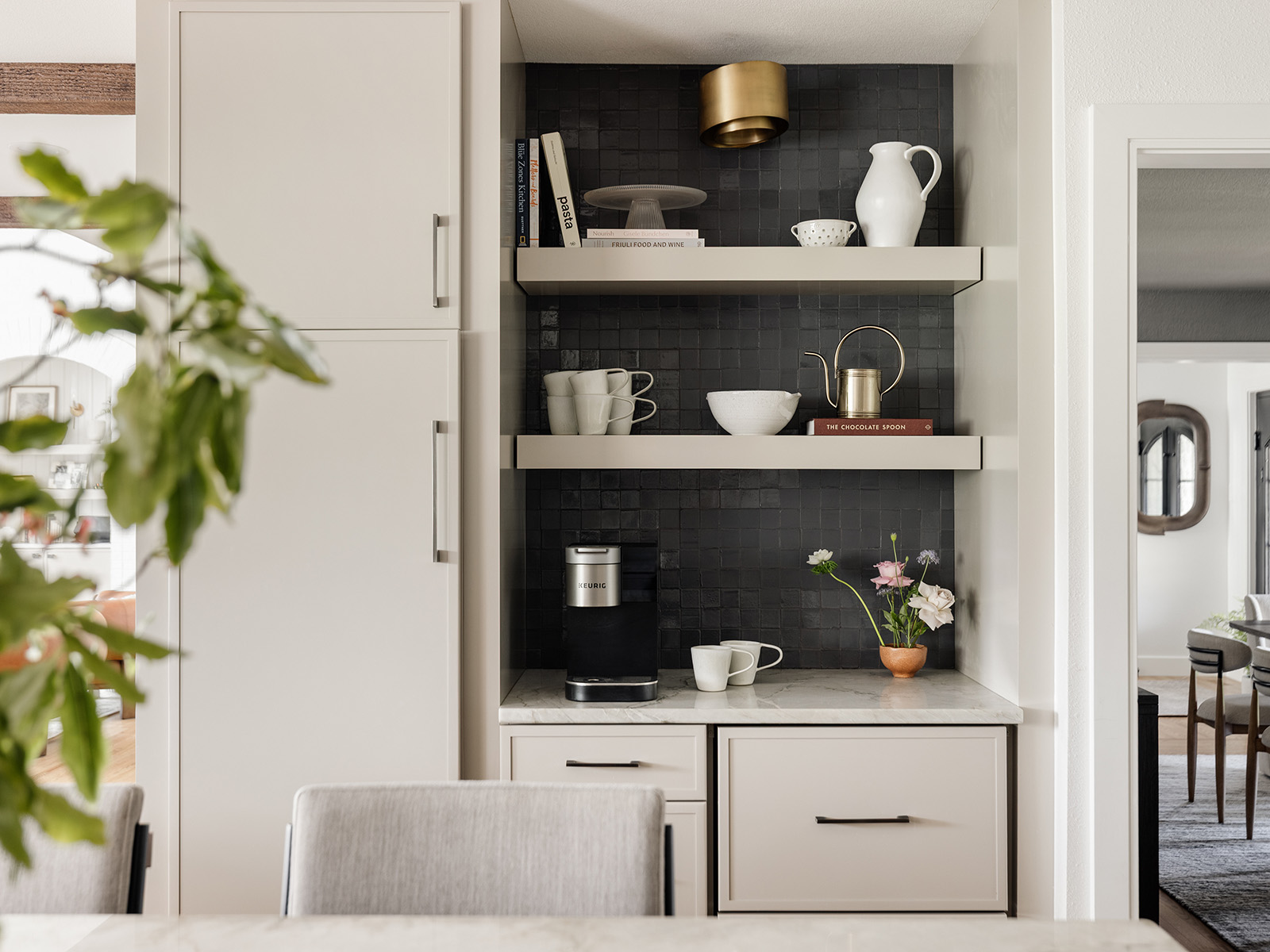 Coffee station with black backsplash