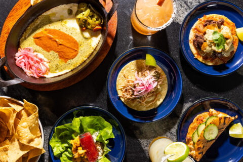 Carne asada, shrimp, carnitas, tuna tacos, and queso fundido with tortilla chips