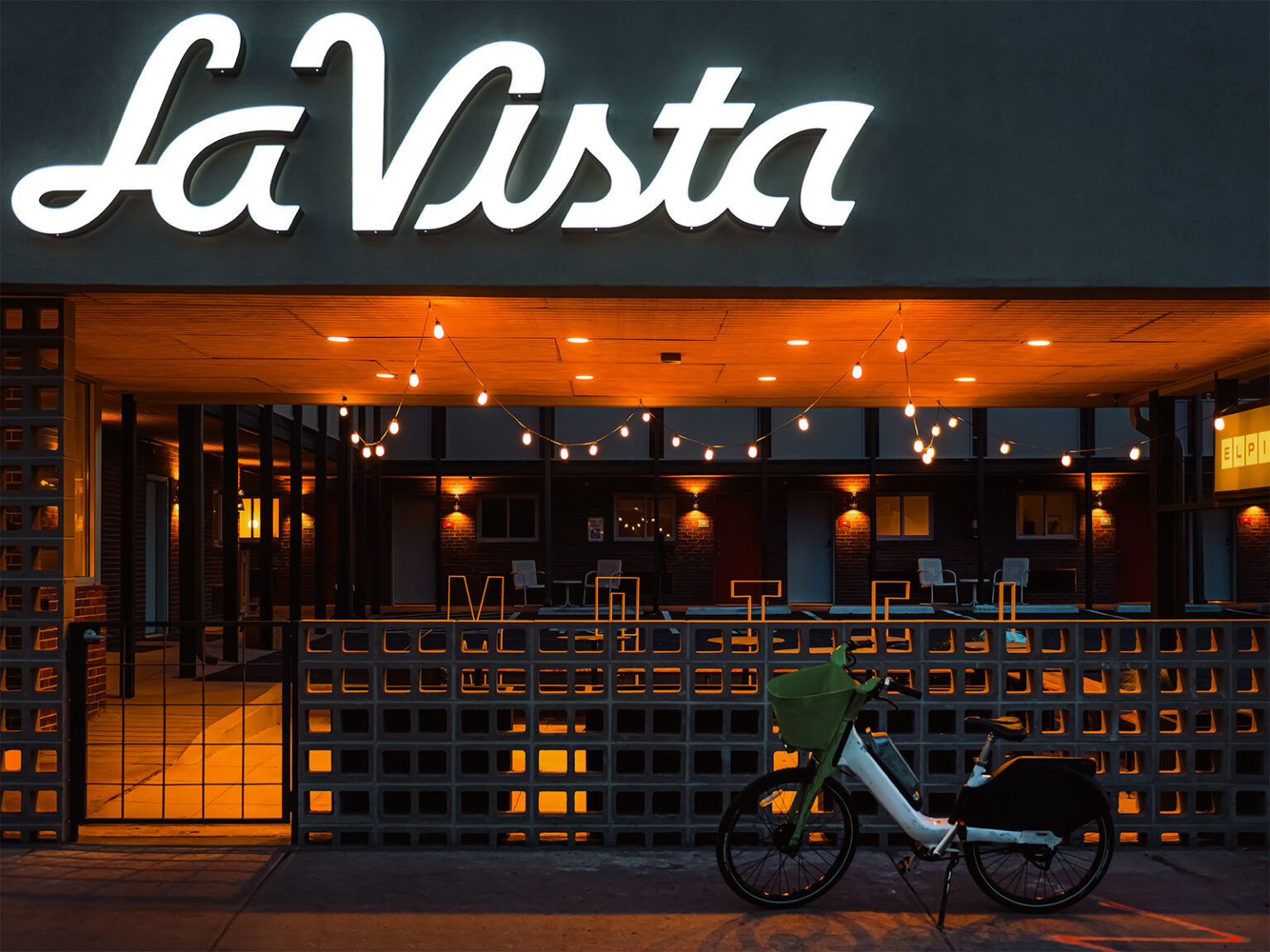 The front facade of the newly renovated La Vista Motel in Denver
