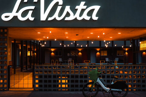 The front facade of the newly renovated La Vista Motel in Denver