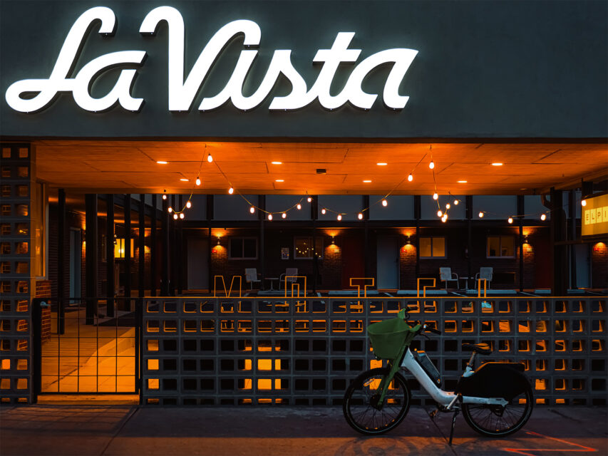 The front facade of the newly renovated La Vista Motel in Denver