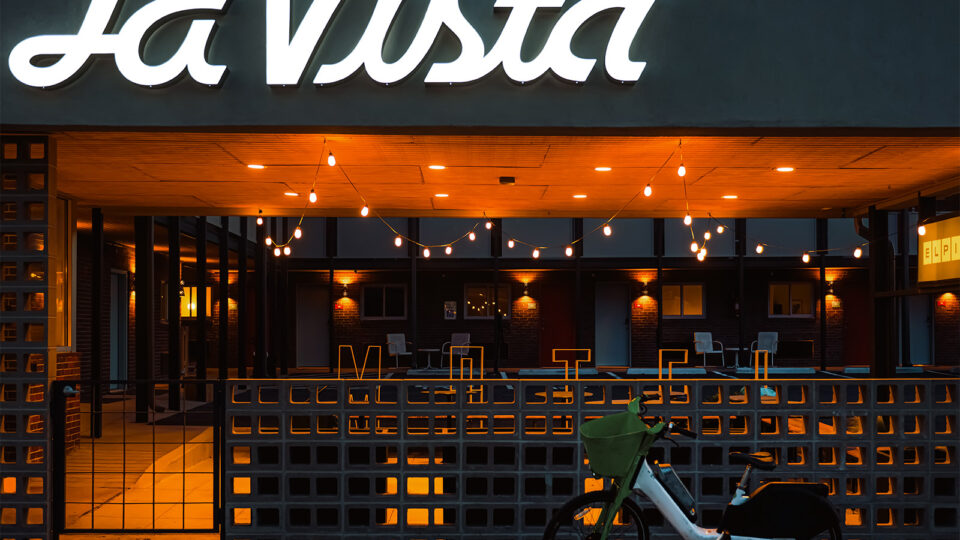 The front facade of the newly renovated La Vista Motel in Denver