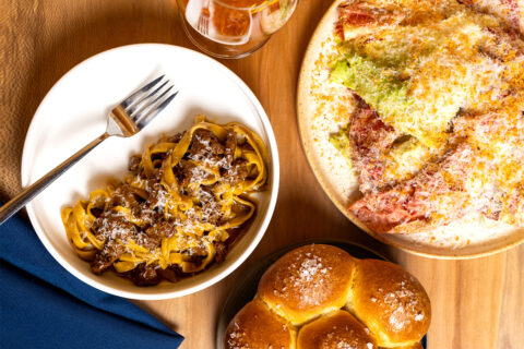 Merguez tagliatelle; rising brioche rolls; chicory “Caesar salad”