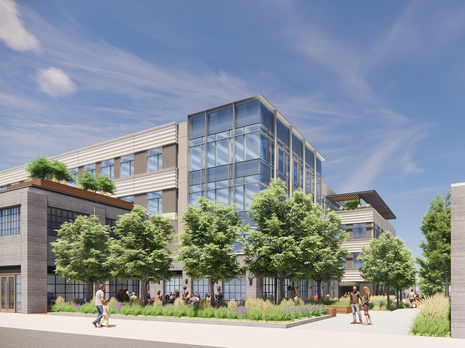 Rendering of a multistory building with glass walls