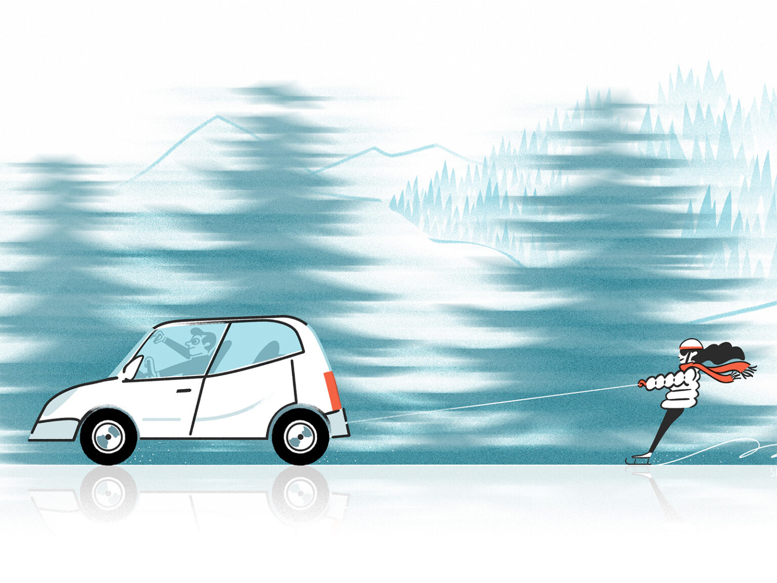 A person ice skating behind a car