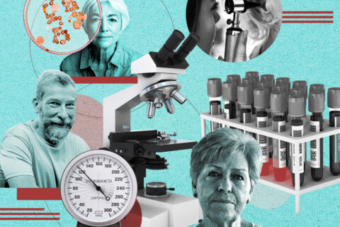 A collage of elderly men and women, microscopes, and test tubes