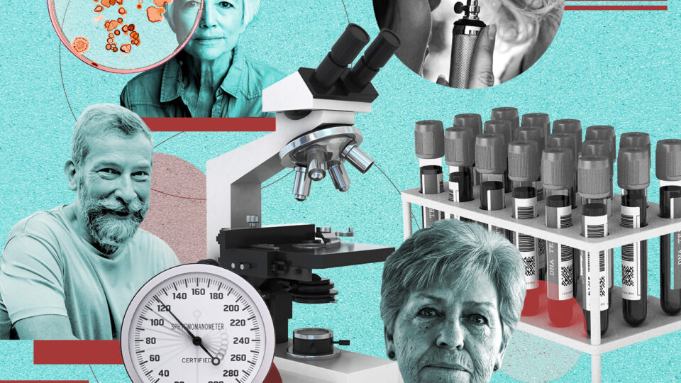A collage of elderly men and women, microscopes, and test tubes
