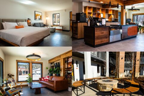 a king-size guest room, the cafe counter, the fire pit, and the living room