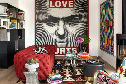 Art collector Amanda Precourt used massive pieces by Barbara Kruger and Jeffrey Gibson to play with bold colors and patterns in her office