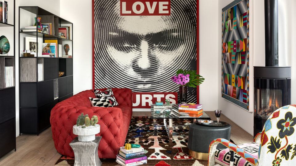 Art collector Amanda Precourt used massive pieces by Barbara Kruger and Jeffrey Gibson to play with bold colors and patterns in her office