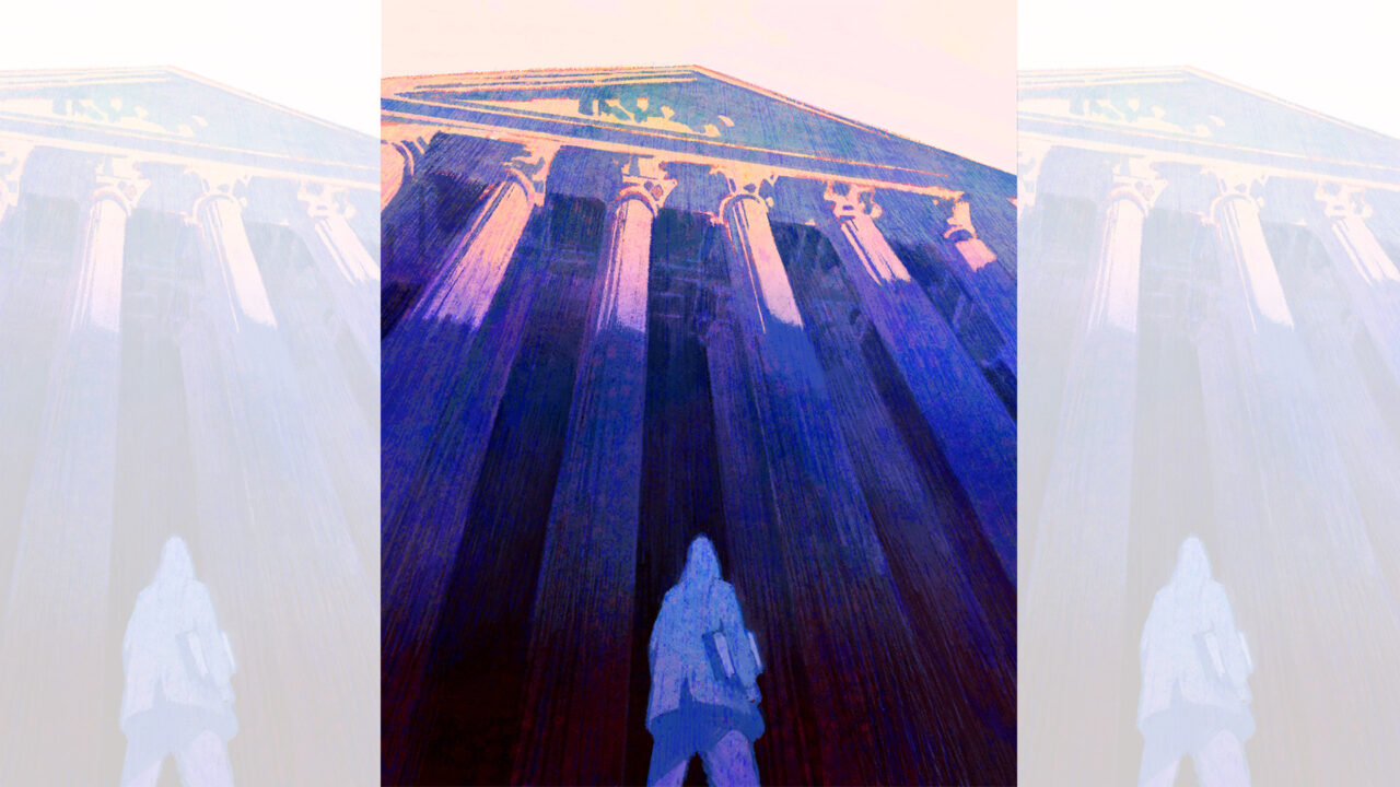 A person starting at a Capitol building