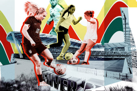 Lindsey Heaps, Jordan Baggett, Janine Sonis, and Ally Brazier on a rendering of the new stadium of Denver Summit FC