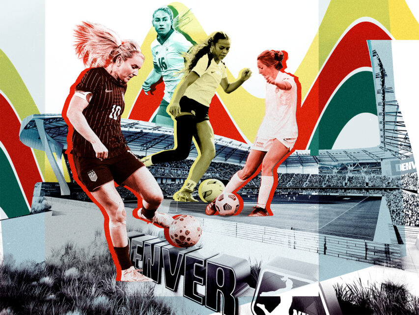 Lindsey Heaps, Jordan Baggett, Janine Sonis, and Ally Brazier on a rendering of the new stadium of Denver Summit FC