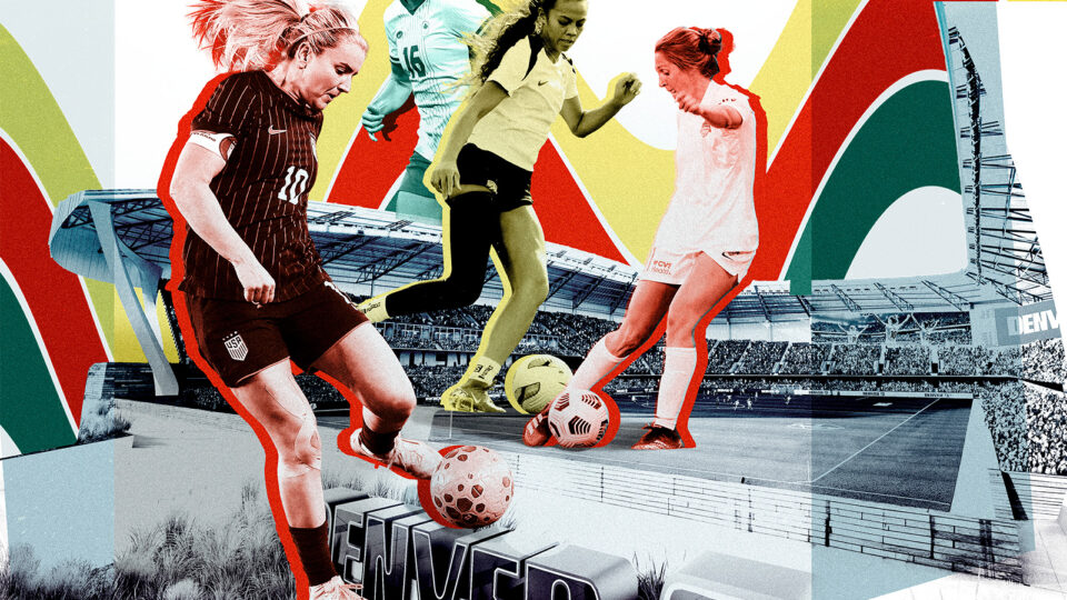 Lindsey Heaps, Jordan Baggett, Janine Sonis, and Ally Brazier on a rendering of the new stadium of Denver Summit FC