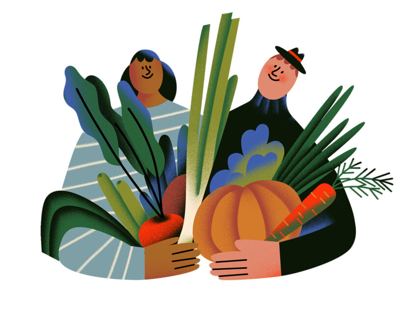 Illustration of people holding vegetables