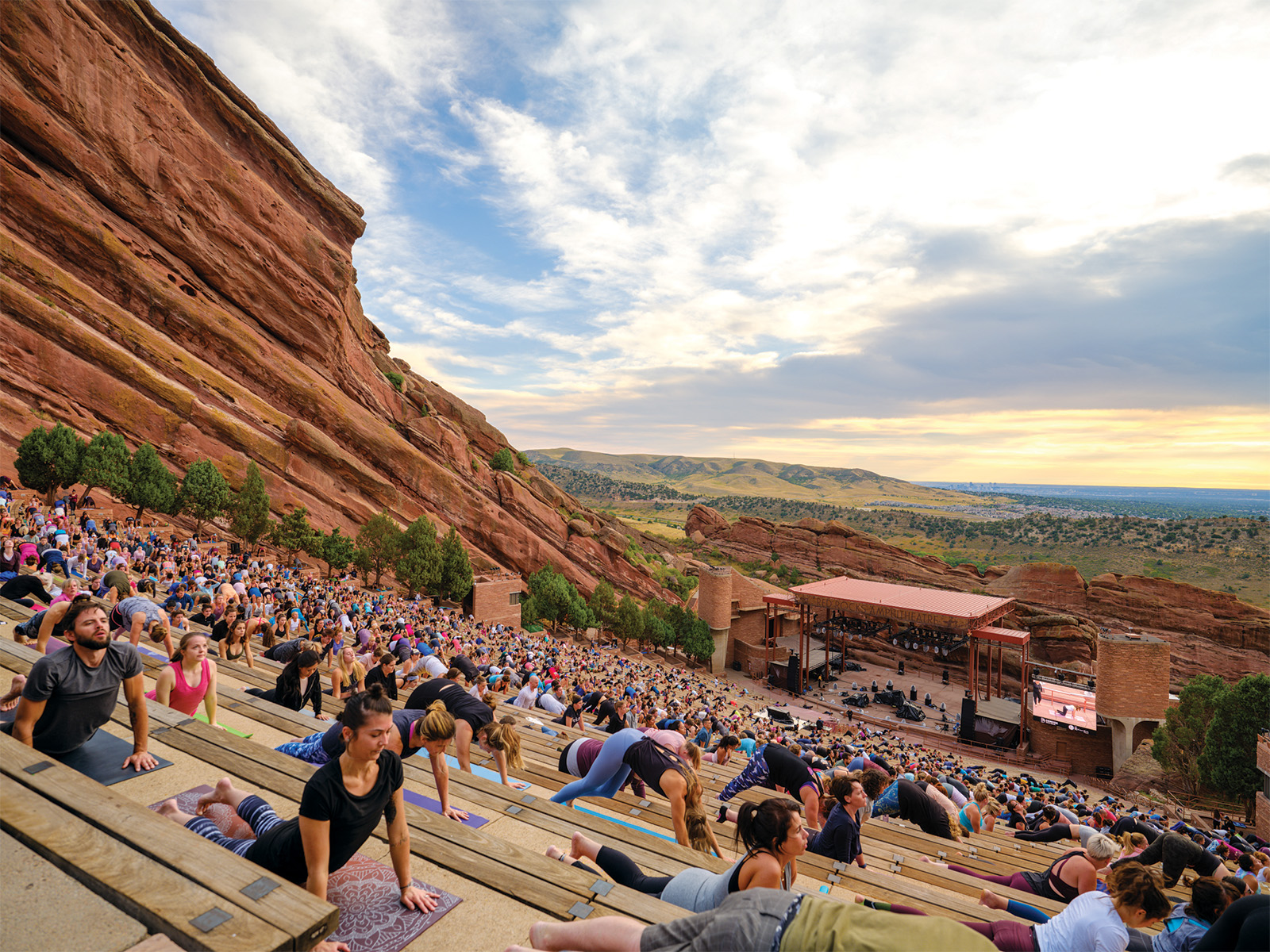 People doing yoga at Red Rocks in Colorado