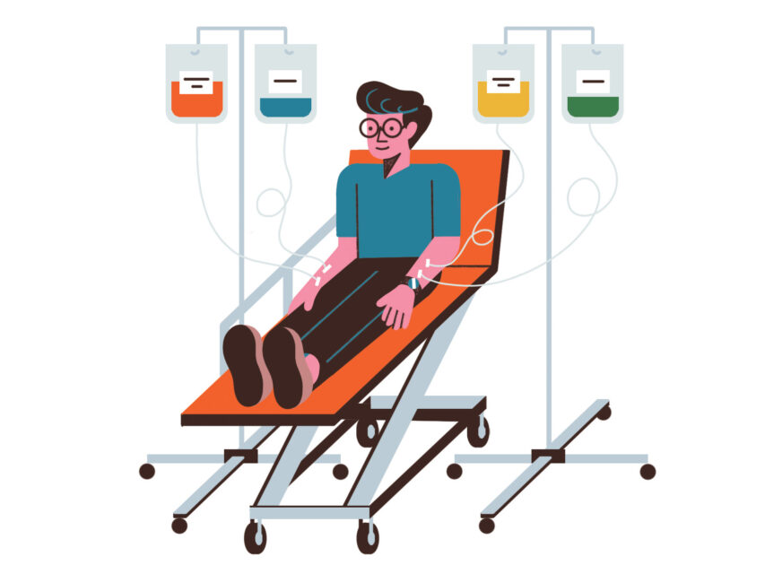 Illustration of a man in a chair hooked up to IVs