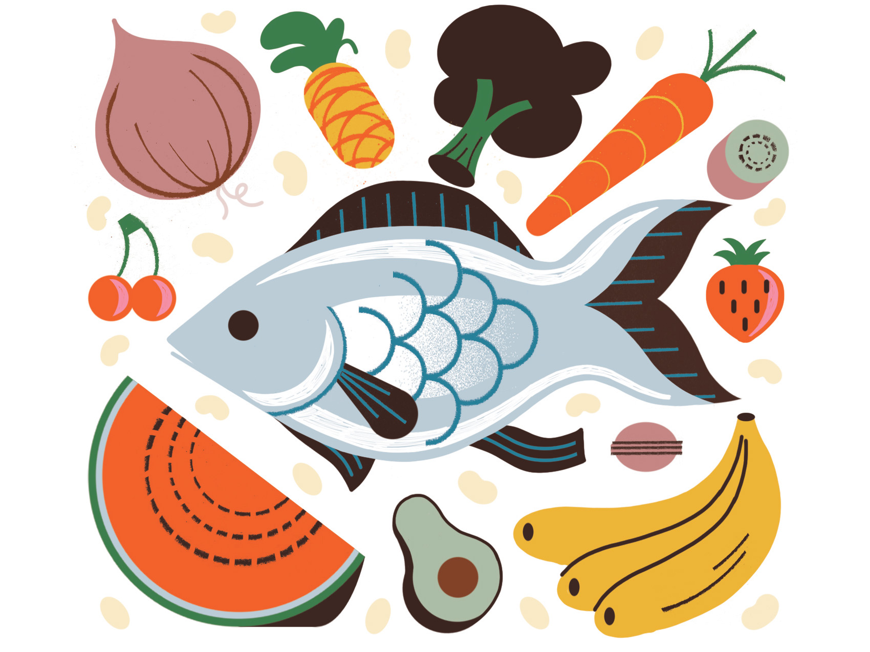 Illustration of fish, watermelon, banana, and other food