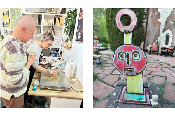 Two people making art on one side and a metal statue on the other side.