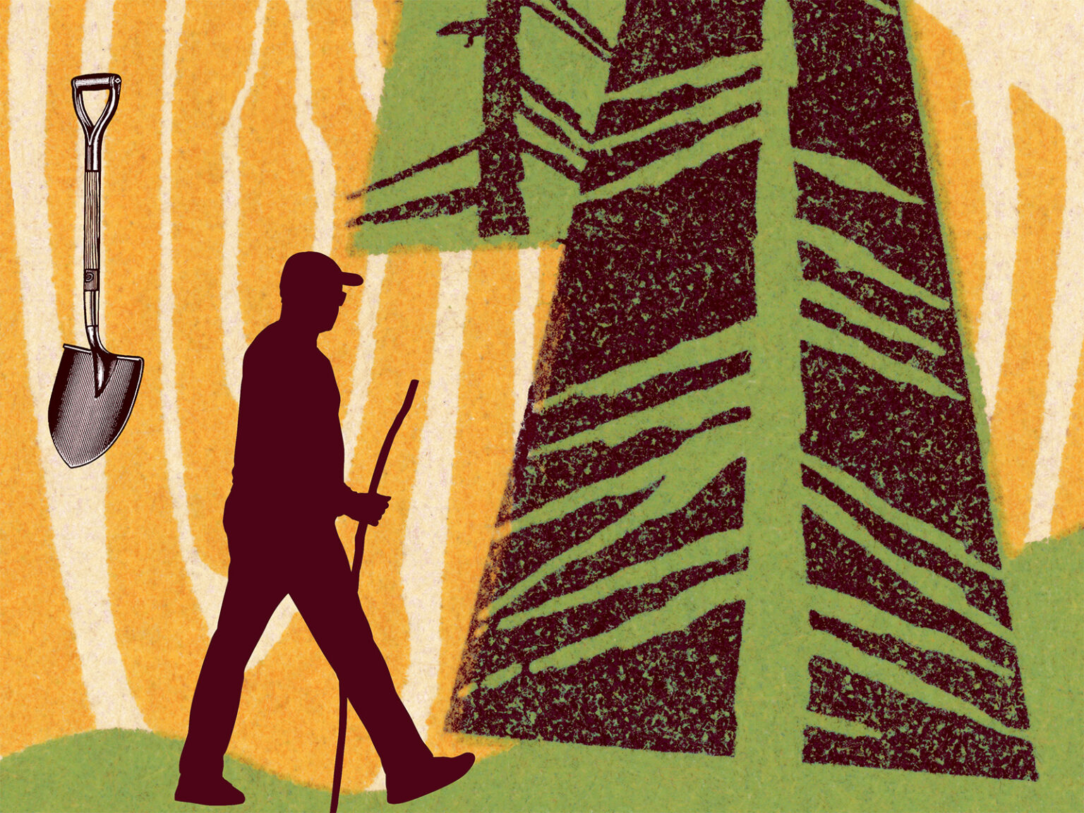 A hiker, shovel, and trees in an illustration
