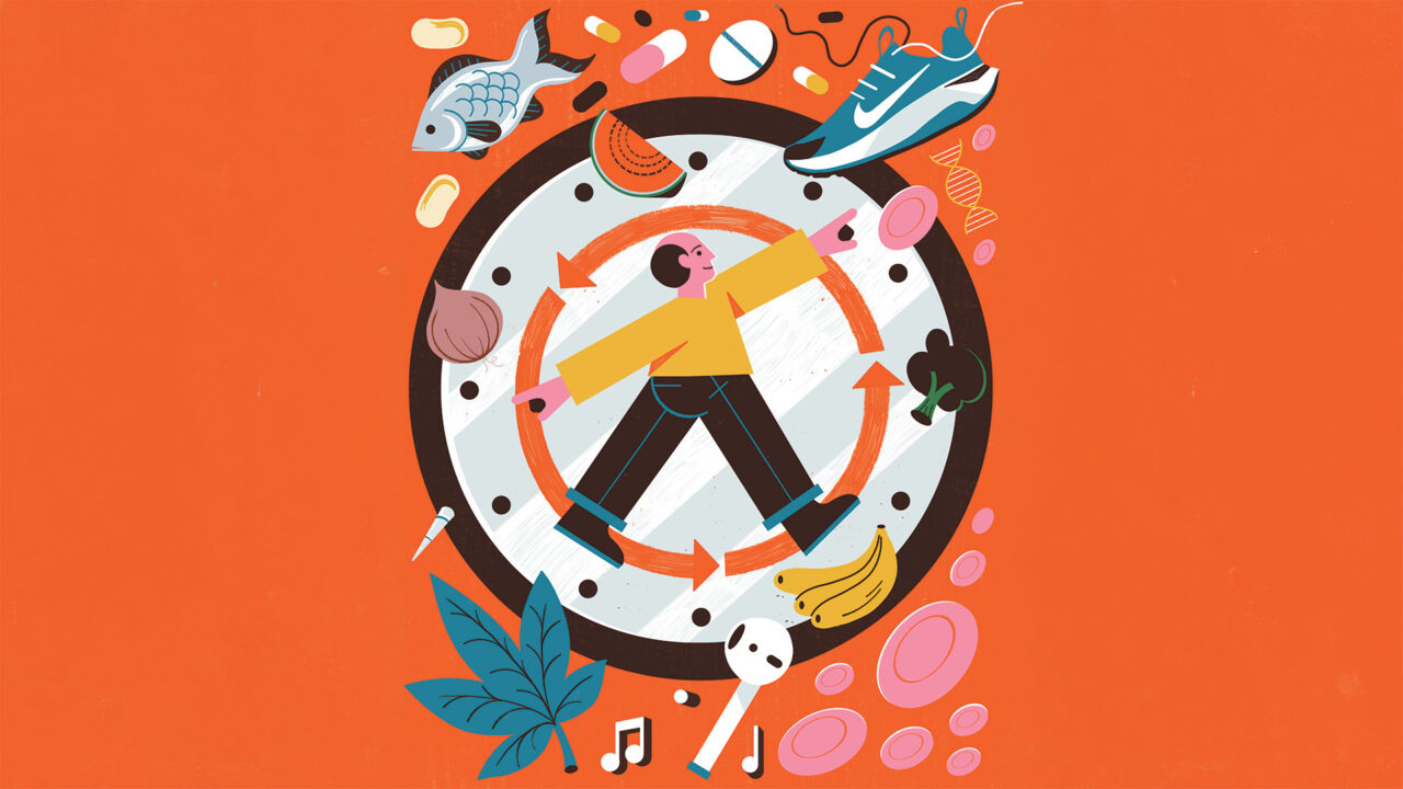 Illustration of a man with food, running shoes, and DNA strands