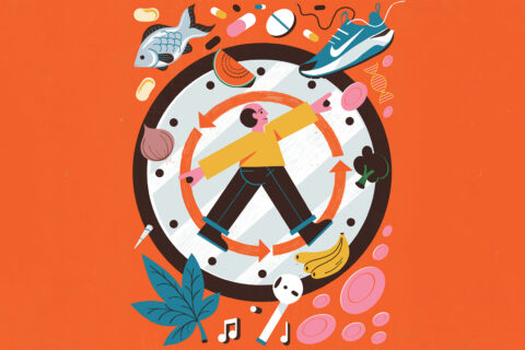 Illustration of a man with food, running shoes, and DNA strands